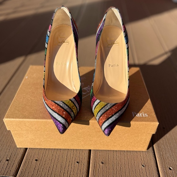 Christian Louboutin Pigalle Follies 100 suede stripy glitter multi color pump - Picture 3 of 7